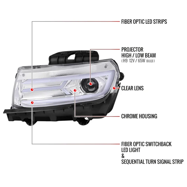 5th Gen Camaro Projector Headlights w/ LED Bar, Chrome Housing2014-2015 Camaro w/o HID Headlights - Image 6