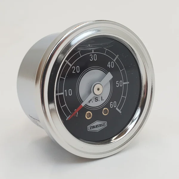 60 psi Deluxe V-Twin Oil Pressure Gauge for Motorcycles, 1-1/2” OD Black/White Classic Gauge Face w/Chrome Bezel: Shock Proof & Liquid Filled with 1/8" NPT Fitting for Harley Models
