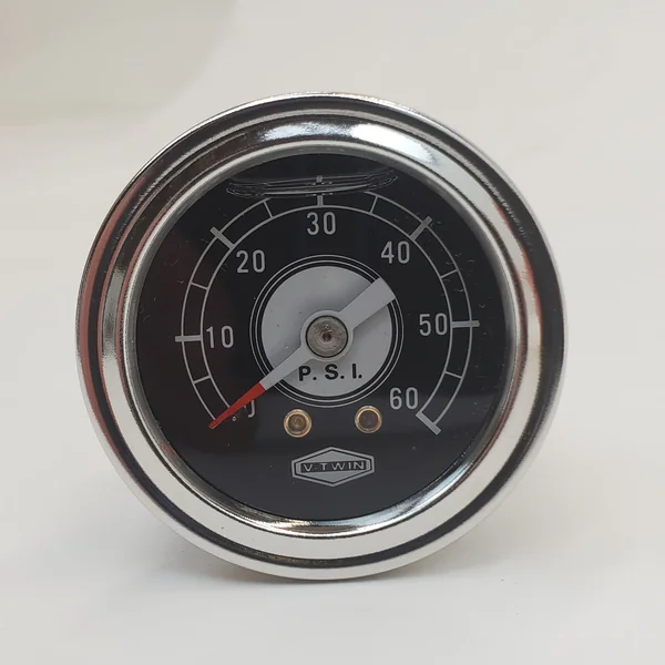 60 psi Deluxe V-Twin Oil Pressure Gauge for Motorcycles, 1-1/2” OD Black/White Classic Gauge Face w/Chrome Bezel: Shock Proof & Liquid Filled with 1/8" NPT Fitting for Harley Models - Image 2