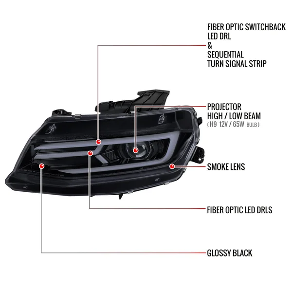 6th Gen Camaro Projector Headlights w/ LED Bar & Sequential Turn Signal, Chrome Housing w/ Smoked Lens2016-2018 Camaro w/o HID Headlights - Image 7
