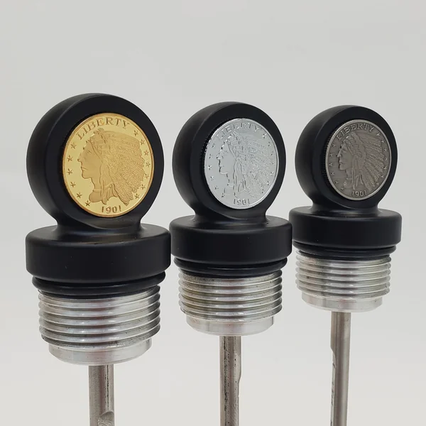 Aeromach CI-1048BX Matte Black Billet Oil Dipstick With Chrome, Gold or Antique Nickel Coin - Fits 2020+ Indian Challenger & Pursuit Models with 108" PowerPlus Engine - Made in USA