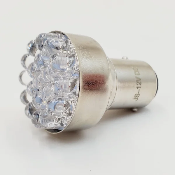 Amber LED Motorcycle Turn Signal Bulb with 1157 Dual Contact Socket for 12 Volt System – 19 LED Cluster 7000 MCD Output – Low Profile 1” OD – Vibration Resistant – SOLD INDIVIDUALLY