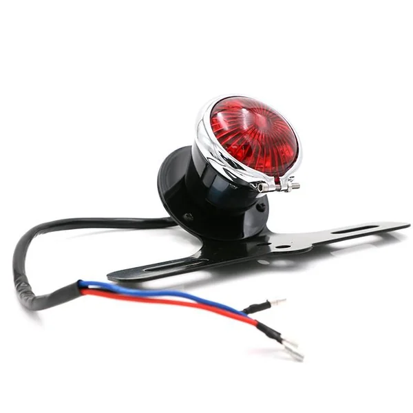Black LED Tail Light With Red Lens Chrome Rim and Number Plate Bracket