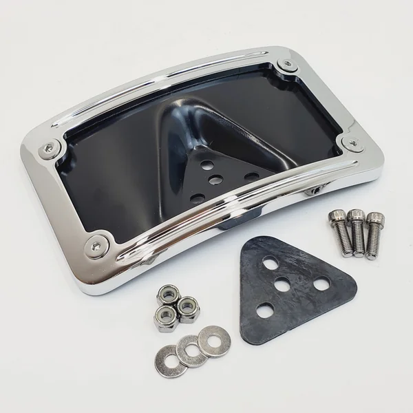 Chrome Curved Laydown License Plate Frame/Mount with 3-Hole Mounting Plate for Harley Models – For US Motorcycle 7”x4” License Plates – Includes Mounting Hardware and Rubber Gasket