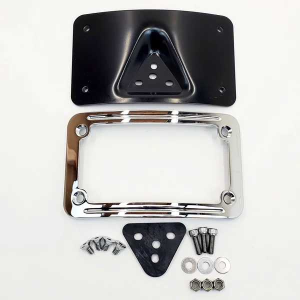 Chrome Curved Laydown License Plate Frame/Mount with 3-Hole Mounting Plate for Harley Models – For US Motorcycle 7”x4” License Plates – Includes Mounting Hardware and Rubber Gasket - Image 2