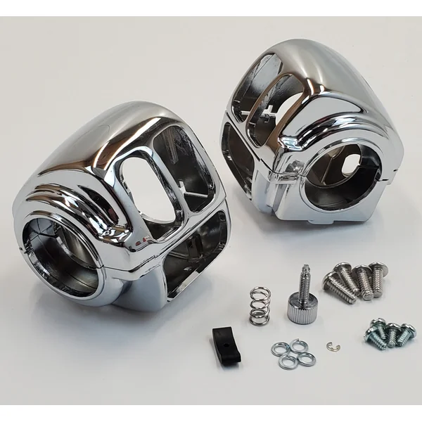 Chrome Plated Switch Housing Covers with Mounting Hardware & Thumb Screw Throttle Lock Assembly for 1996-2006 Harley Touring, Softail, Dyna, FXR, V-Rod & Sportster Models (Except for Models with Radio Controls)
