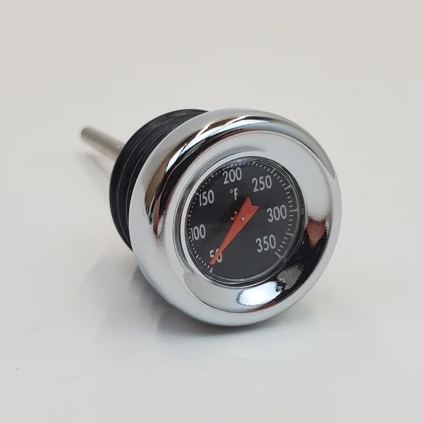 Chrome Shorty Style 2-⅞” Oil Tank Dipstick with Oil Temperature Gauge (50 to 350) For ALL 2000-2017 Harley Softail FXST / FLST Models - Black Gauge Face with Chrome Bezel - Replaces HD Part# 62896-00