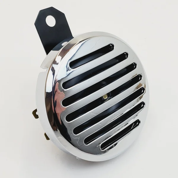 Chrome Slotted 3-1/2” Horn for Harley and Other Custom Motorcycle Applications – Comes with a Replaceable Cover, Mounting Bracket and Spade Terminals - Replaces HD# 69043-83A & 69038-88TA