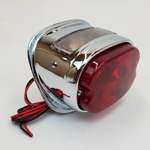Chrome Squareback Tail light w/Tag Light for 1955-1972 Harley FX/FL Big Twin, 1956-1972 Sportster XL & Custom Applications – For 12 Volt Systems - Replaces HD# 68010-64B