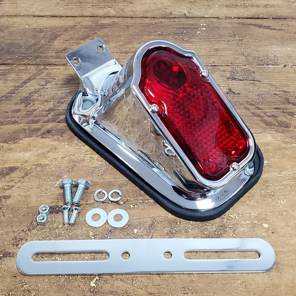 Chrome Tombstone Tail Light w/License Plate Tag Bracket & Light for 1947-1954 Harley FL Big Twins - Replaces HD PT# 68003-47T - 12V STOP Brake Running Tail/Tag Light