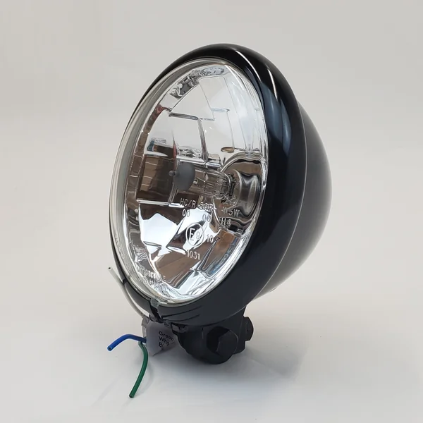 Drag Specialties 5-3/4" Satin Black Halogen Round Motorcycle Headlight with Bottom Springer Style Mount/Bracket - 12V High Low Beam H4 60/55W Bulb - DOT Approved