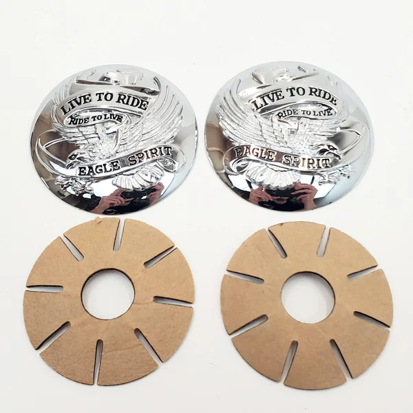 “Live to Ride, Ride to Live” Eagle Spirit Chrome Domed Gas Cap Covers with Adhesive Backing for 1973-2025 OE Style Harley Davidson Gas Caps (SOLD AS A PAIR - Left & Right) 2-7/8” Diameter