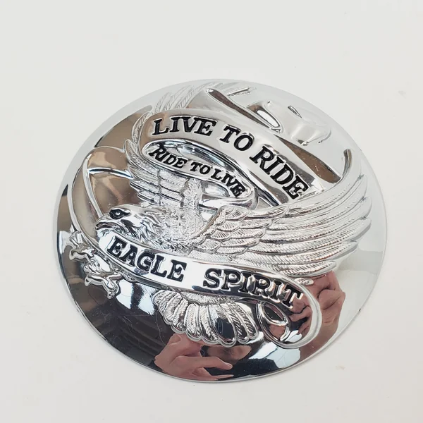 “Live to Ride, Ride to Live” Eagle Spirit Chrome Domed Gas Cap Covers with Adhesive Backing for 1973-2025 OE Style Harley Davidson Gas Caps (SOLD AS A PAIR - Left & Right) 2-7/8” Diameter - Image 2