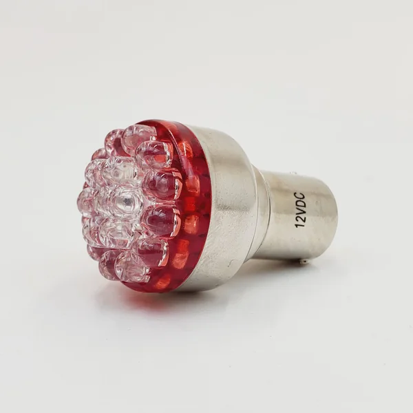 Red LED Motorcycle Brake Light/Tail Light/Turn Signal Bulb w/ 1156 Single Contact Socket for 12 Volt System – 19 LED Cluster 7000 MCD Output – Low Profile 1” OD – Vibration Resistant – SOLD INDIVIDUALLY