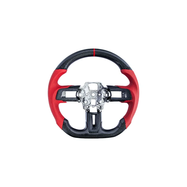 S550 Mustang Carbon Fiber Steering Wheel w/ Button Cover, Red Perforated Leather Grips2015-2017 Mustang