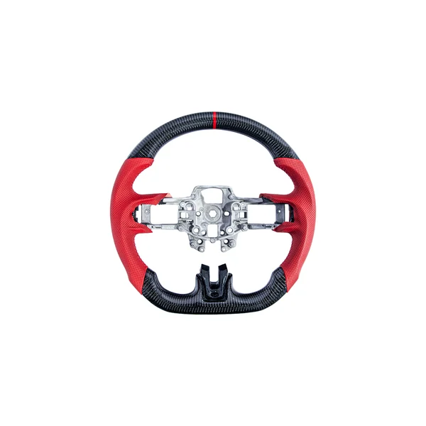 S550 Mustang Carbon Fiber Steering Wheel w/o Button Cover, Red Perforated Leather Grips2015-2017 Mustang