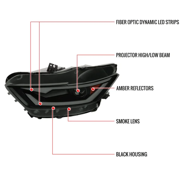 S550 Mustang HID Projector Headlights w/ LED Bar Turn Signals, Black Housing w/ Smoked Lens2015-2022 Ford Mustang w/ HID Headlights - Image 5