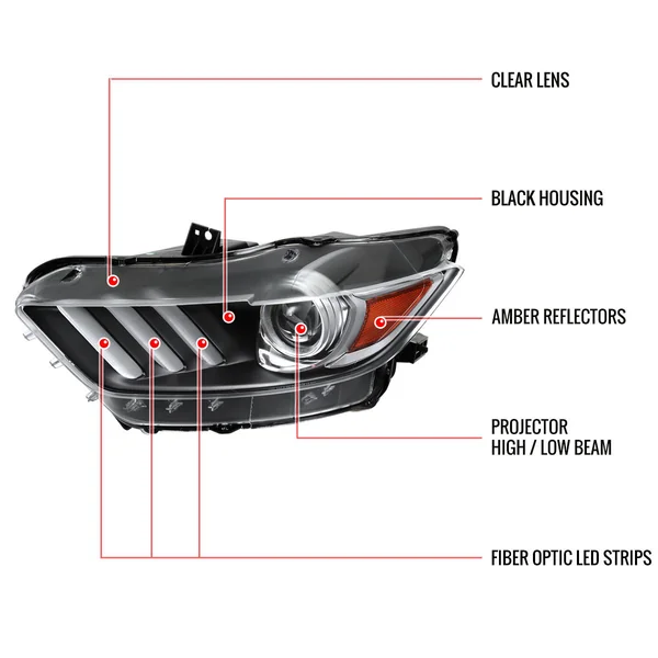 S550 Mustang HID Projector Headlights w/ LED Strip Sequential Turn Signals, Matte Black Housing2015-2022 Ford Mustang w/ HID Headlights - Image 7