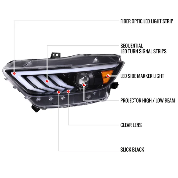 S550 Mustang HID Projector Headlights w/ Switchback Sequential Turn Signals, Jet Black Housing2015-2022 Ford Mustang w/ HID Headlights - Image 6